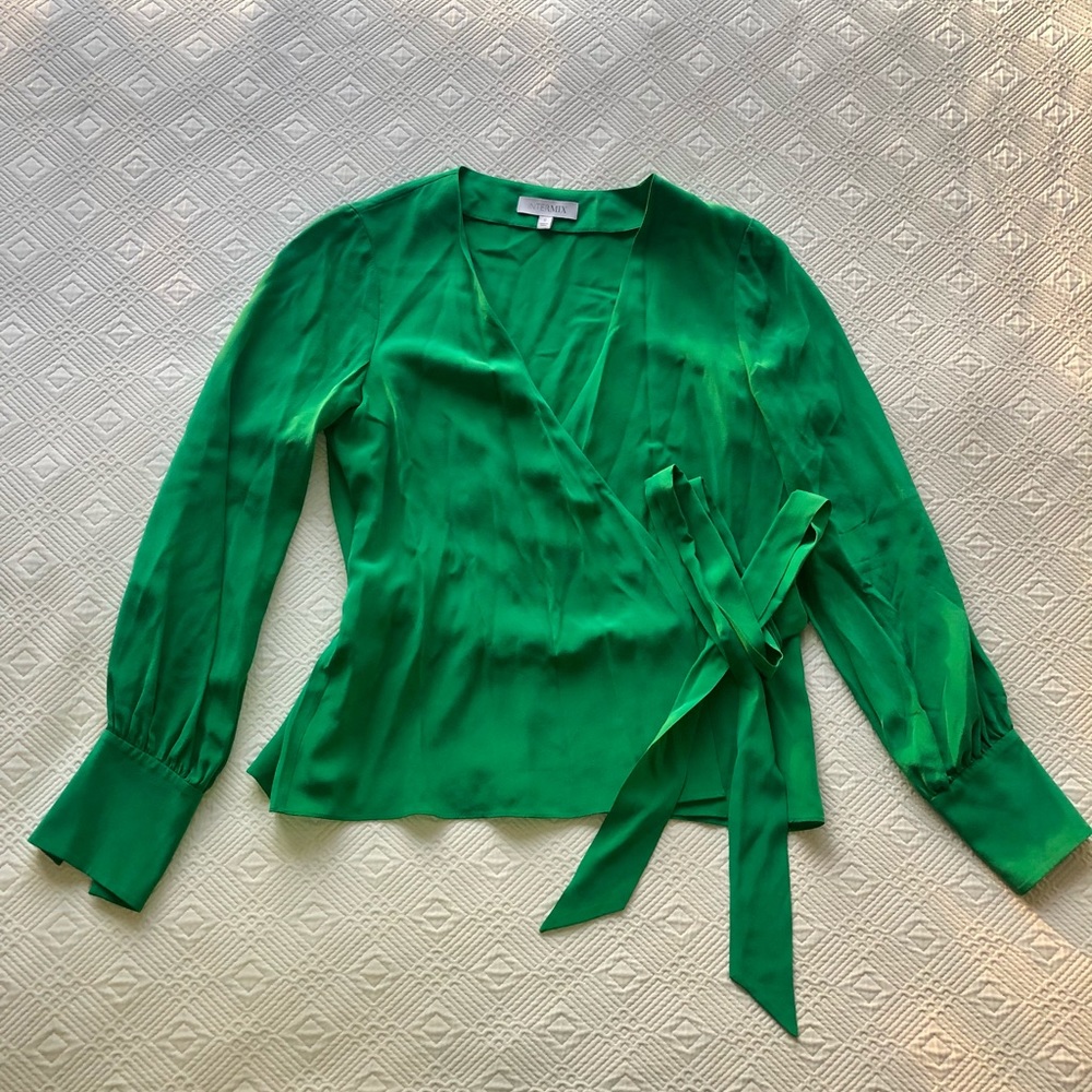 Intermix Green Silk Blouse with Button Detail on Cuff